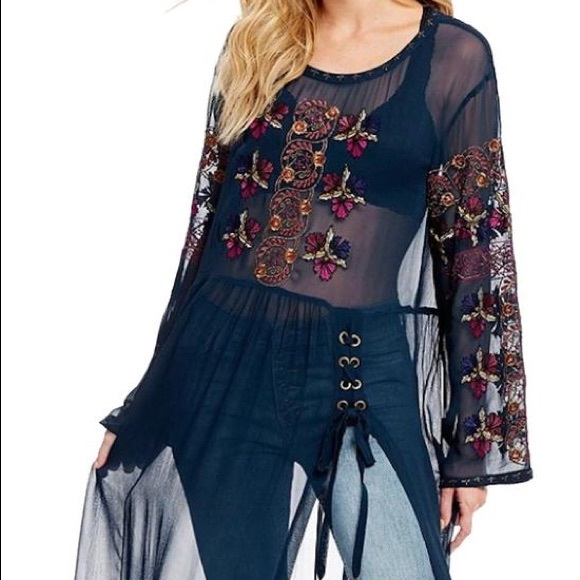 Free People Teal Sheer Floral Maxi Top - Picture 2 of 8